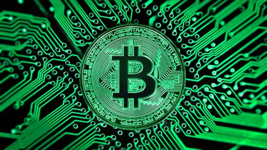 نماد بیت کوین کش در کنار صفحه‌ای سبز رنگ