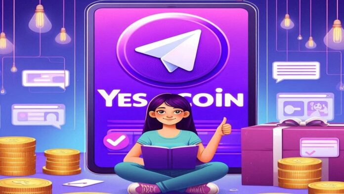 mining-yescoin-tutorial تصویری از یک دختر که در مقابل لوگوی تلگرام و یس کوین نشسته است.