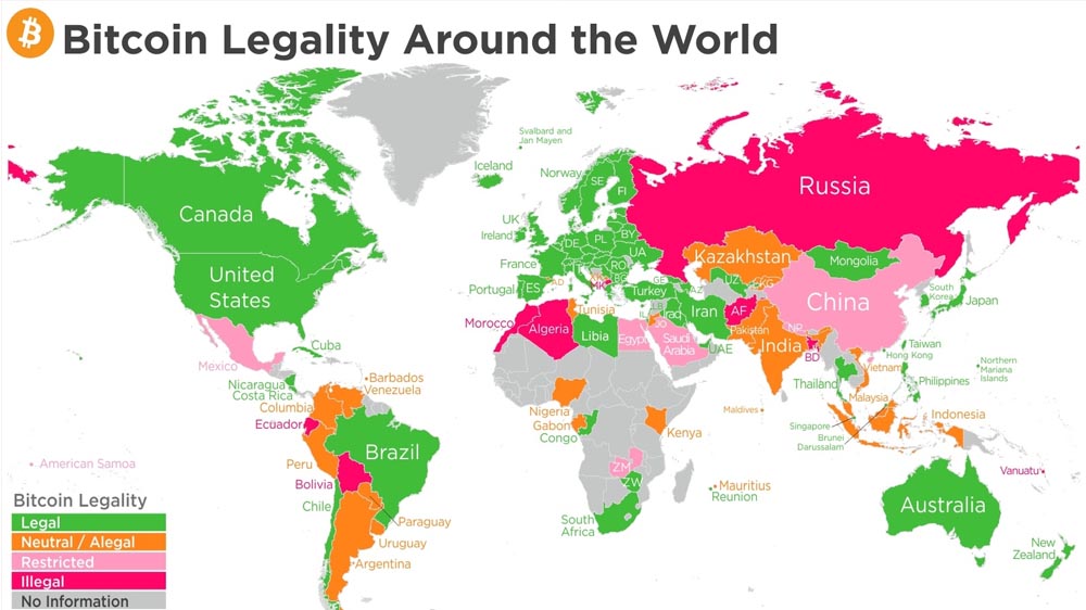 نقشه جهان و  قانونی بودن بیت کوین در کشورهای مختلف