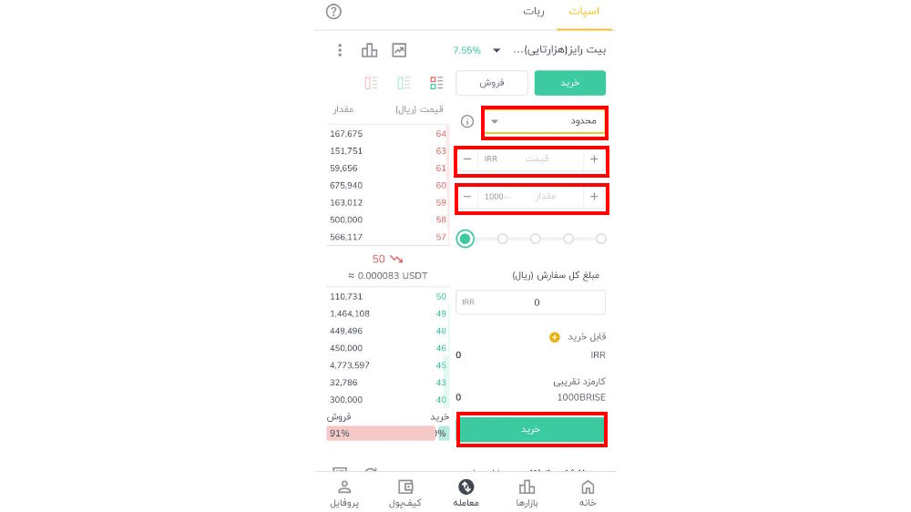 صفحه سفارش محدود بیت رایز رمزینکس