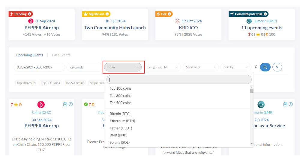 فیلتر رویدادها در کوین مارکت کال