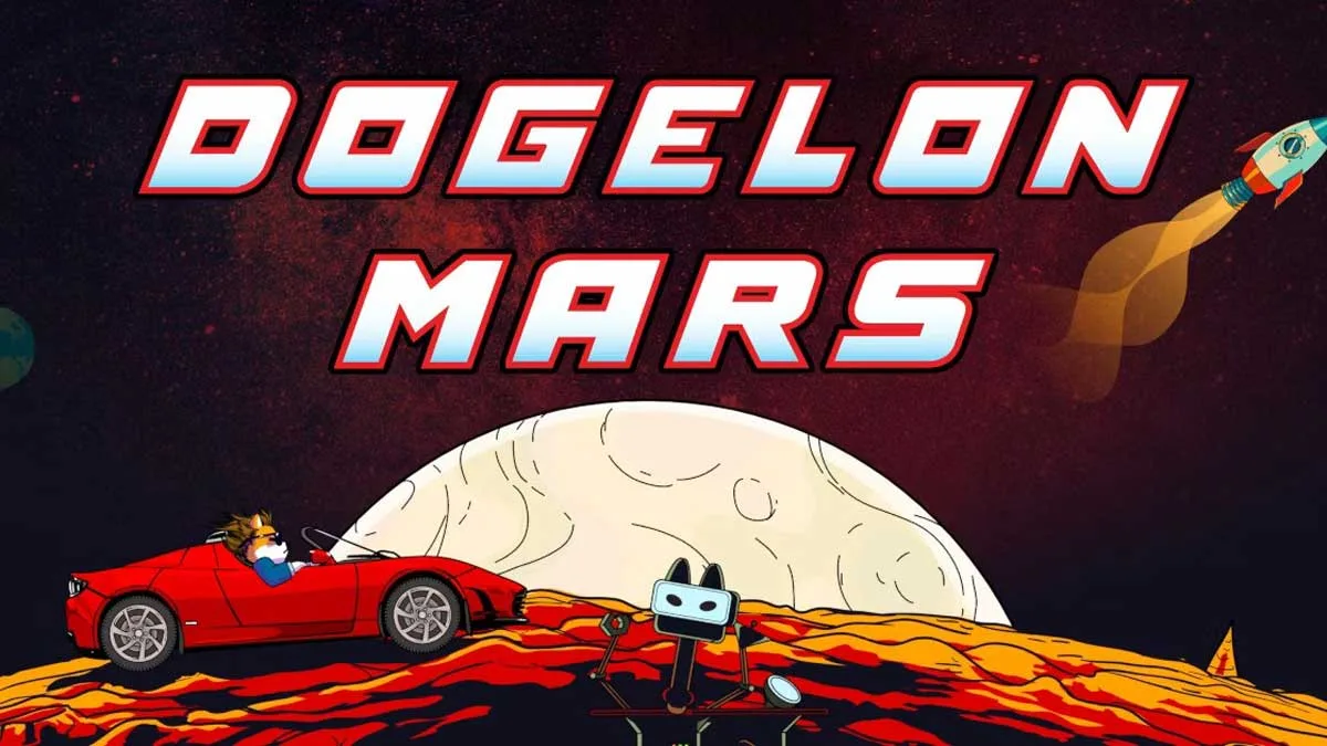 dodgelon-mars-cover تصویرسازی سگ دوج ایلان در یک خودرو که در سطح مریخ قرار دارد. این تصویر کاور سایت اصلی این توکن است.