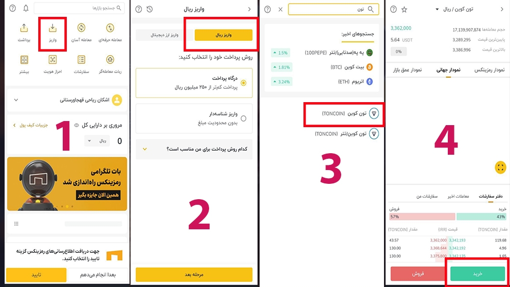 مراحل خرید تون کوین از رمزینکس