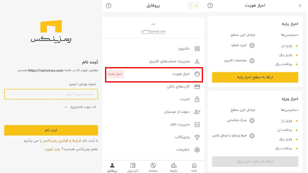 مراحل ثبت‌نام و احراز هویت رمزینکس