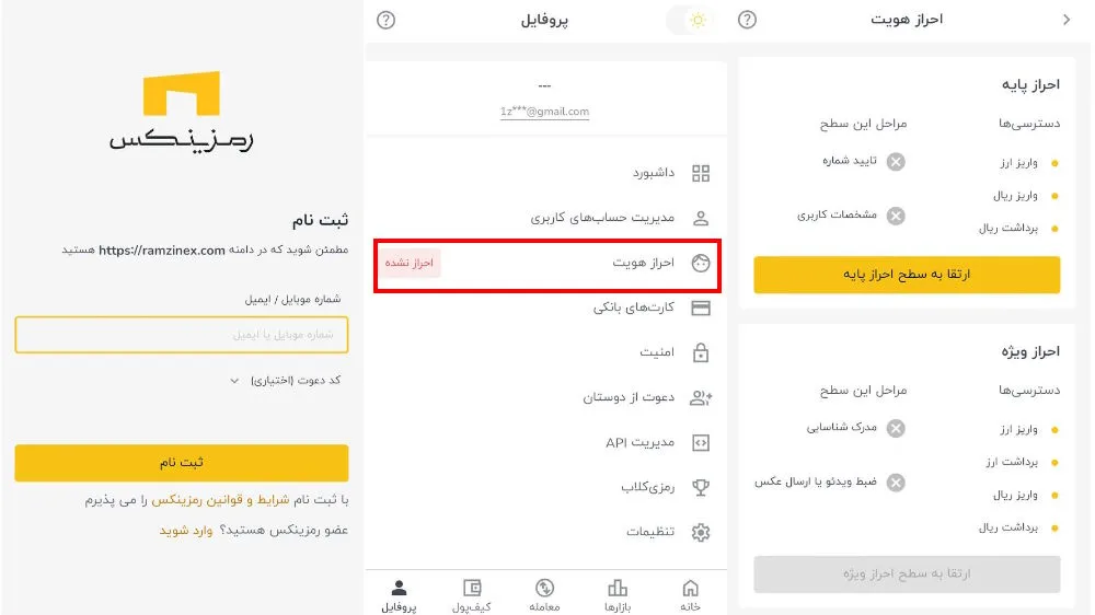 مراحل ثبتنام و احراز هویت رمزینکس