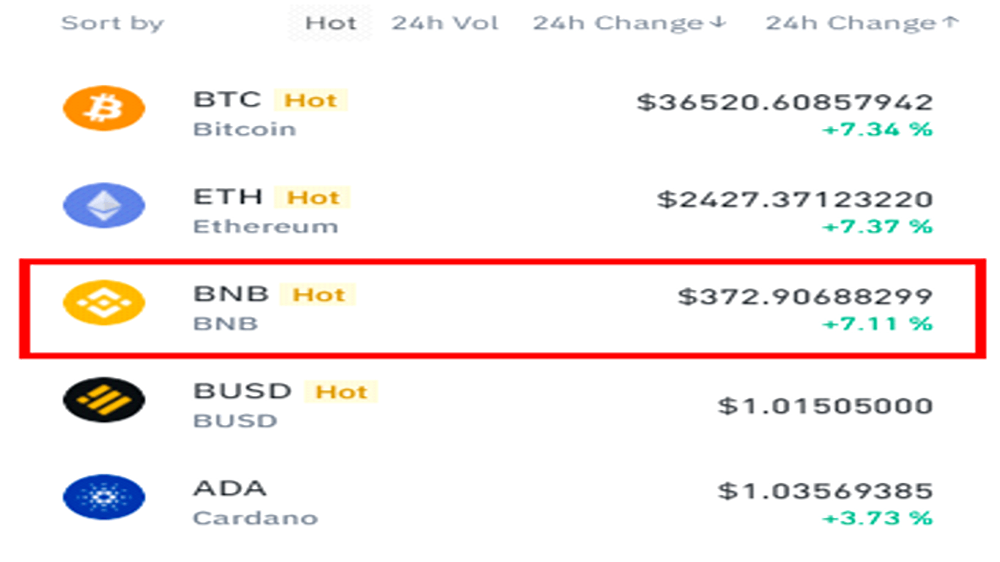 در تصویر جستجوی ارز bnb در صرافی binance را مشاهده می‌کنیم.