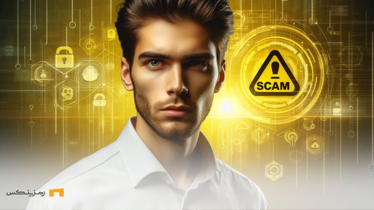 binance-co-founder-zhao-warns-followers-of-scammers فردی با علامت هشدار اسکم پشت سرش