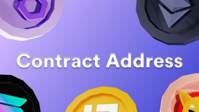 contract-address-phrase-among-logo-cryptocurrencies عبارت Contract Address در میان لوگوی ازهای دیجیتال با پس زمینه بنفش