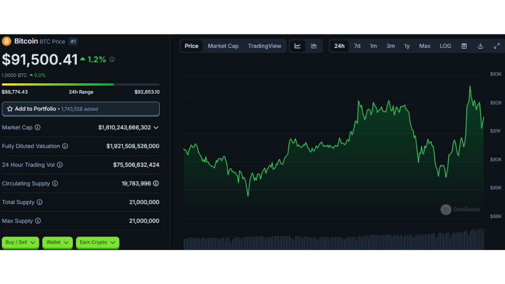 روند قیمت بیت کوین در یک روز اخیر