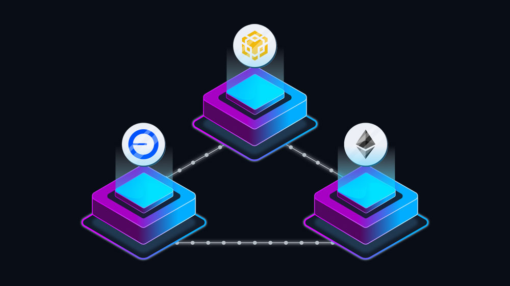 نماد سه بلاکچین اتریوم، بایننس اسمارت چین و بیس که به یکدیگر متصل شده‌اند