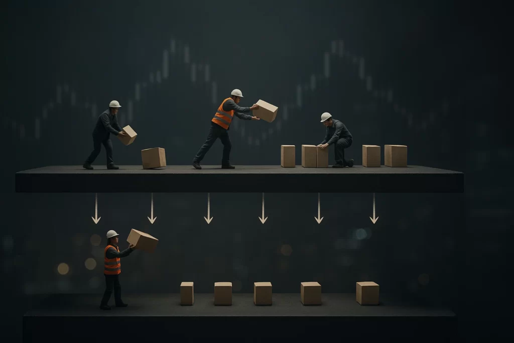 کارگران بسته‌ها را از بالا به پایین منتقل می‌کنند؛ یک استعاره برای نحوه کار شبکه‌های لایه ۲ اتریوم