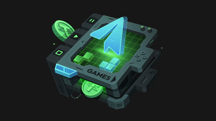 telegram-games-and-tether لوگوی تتر، تلگرام در یک گوشی همراه که به سبک پیکسلی تصویرسازی شده است