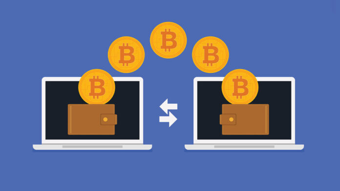 transfering-bitcoin تصویرسازی دو کامپیوتر و کیف پول که در حال انتقال بیتکوین به یکدیگر هستند.