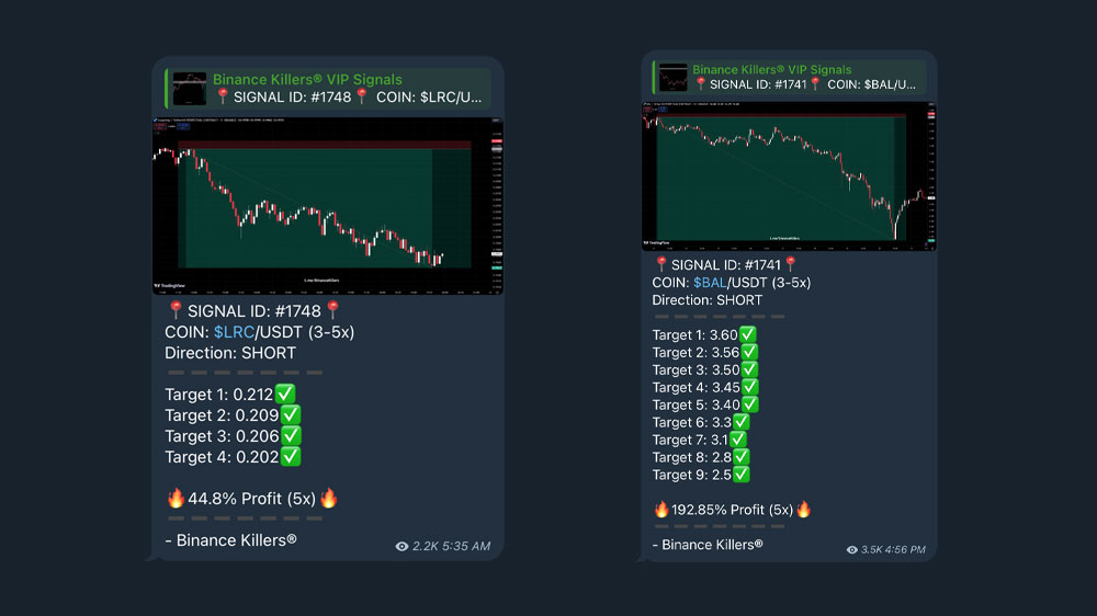 دو نمونه از سیگنال‌های کانال تلگرامی بایننس کیلرز.