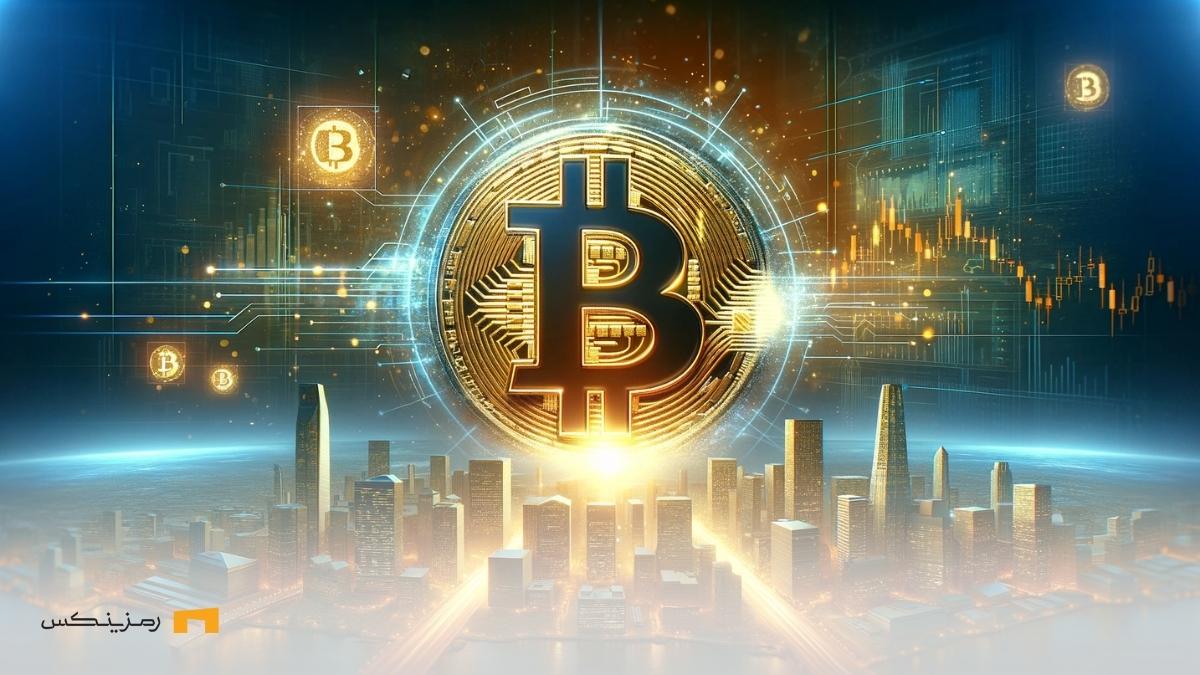 بیت کوین بالاخره از مرز ۱۰۰,۰۰۰ دلار گذشت! سکهی درخشان بیت کوین بر فراز یک شهر مدرن