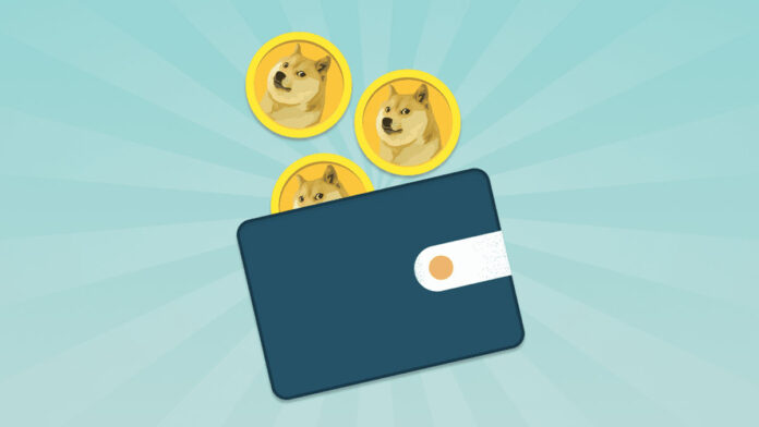 doge-coin-wallet-how-to-create تصویرسازی یک کیف پول که سه سکه دوج کوین از آن بیرون آمده است
