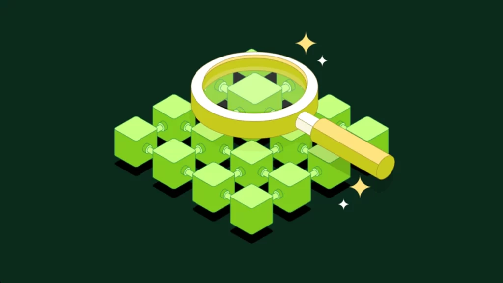 تعدادی مکعب که نمادی از بلاچین است و یک ذره‌بین که دارد آن‌ها را بررسی می‌کند.