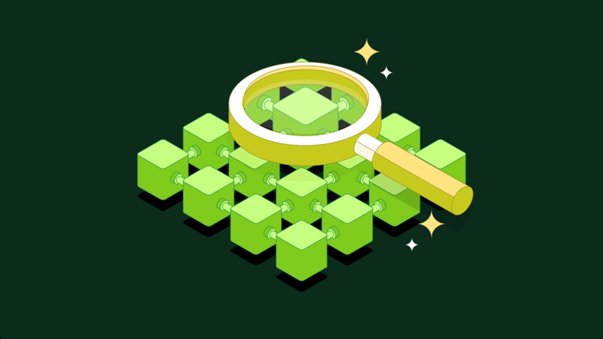 تعدادی مکعب که نمادی از بلاچین است و یک ذره‌بین که دارد آن‌ها را بررسی می‌کند.