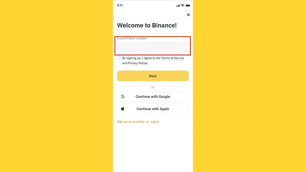 وارد کردن ایمیل در اپلیکیشن بایننس
