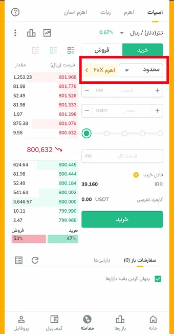 صفحه خرید تتر به روش بازار و محدود