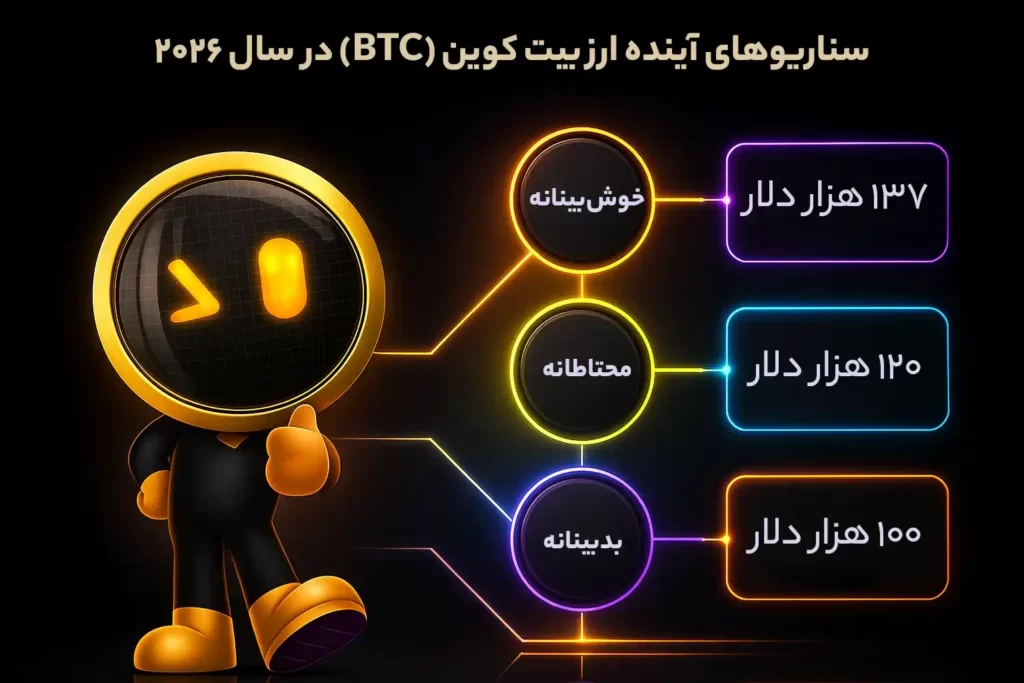 اینفوگرافی سناریوهای قیمتی آینده ارز بیت کوین BTC در سال ۲۰۲۶، در سه حالت خوشبینانه، محتاطانه و بدبینانه.