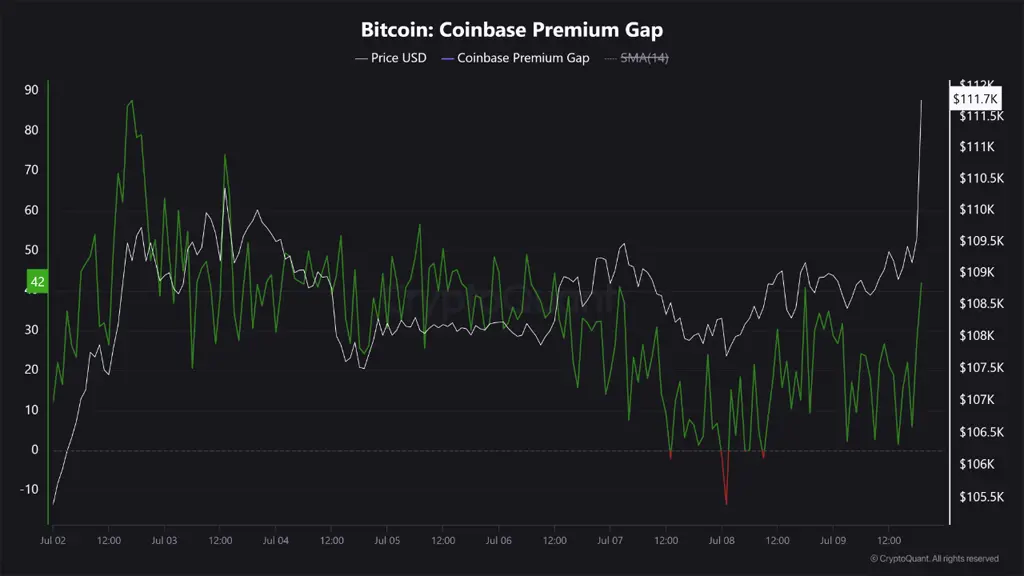 نمودار coinbase premium gap که بیانگر تفاوت قیمت بیت کوین در دو صرافی کوین بیس و بایننس است.