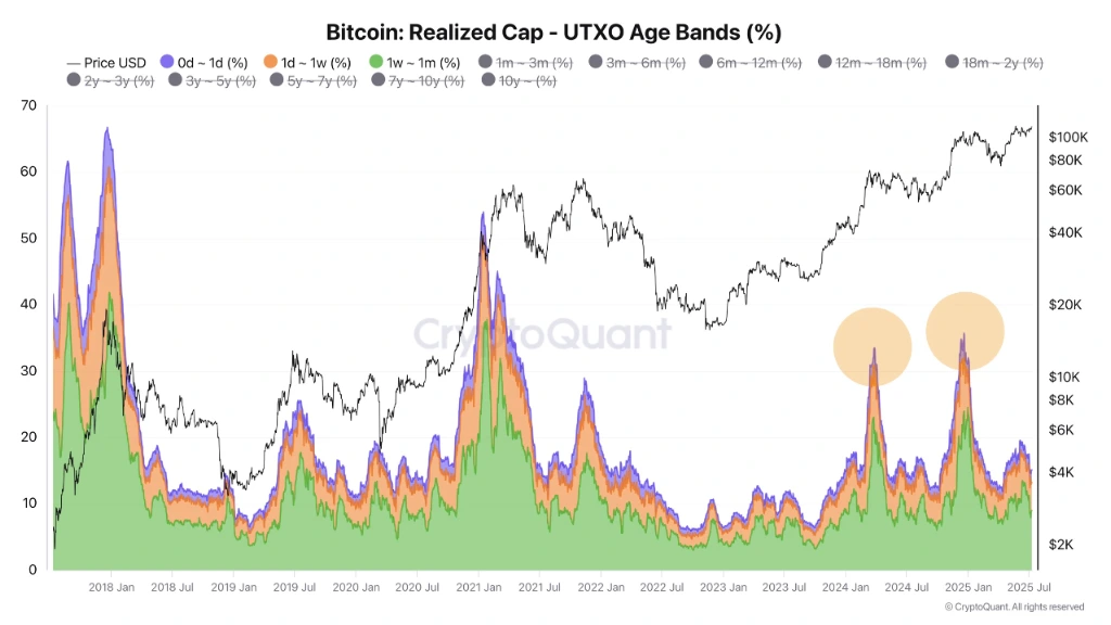 شاخص UTXO Age Bands در تاریخ ۱۱ جولای ۲۰۲۵