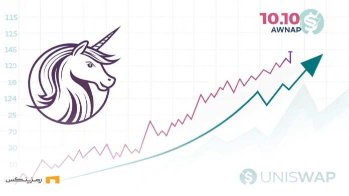 minimalist-design-showing-uniswap-logo-and-a-risi رشد یونی سواپ