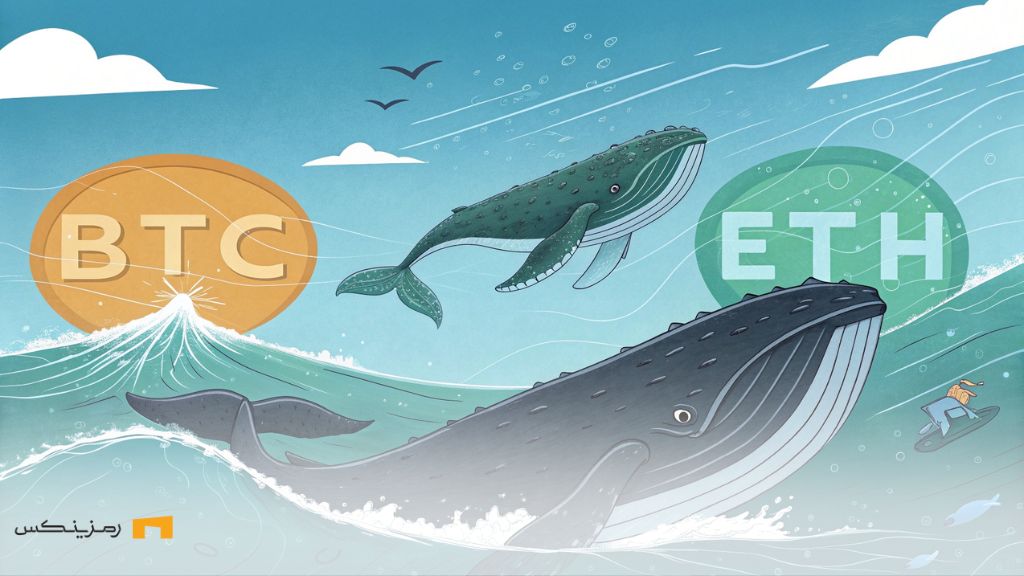 حرکت نهنگها؛ خرید ۲۰۰ میلیون دلار بیتکوین و تحولات اتریوم حرکت نهنگهای بیتکوین و اتریوم در یک دریا پر از نوسانات بازارهای مالی، که نماد قدرت و تحرک در دنیای دیجیتال را نشان میدهد