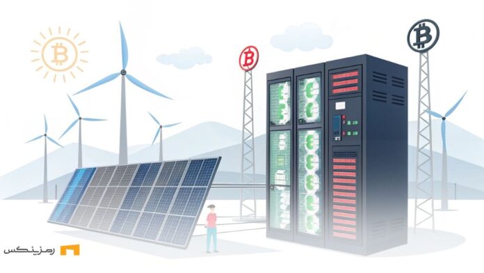 ماینر بیت‌کوین که به تأمین‌کننده انرژی تبدیل شده، با نمایش دستگاه‌های ماینینگ کنار منابع انرژی تجدیدپذیر مانند توربین‌های بادی و پنل‌های خورشیدی