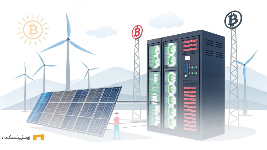 ماینرهای بیت کوین؛ آیندهسازان صنعت انرژی یا تهدید؟ ماینر بیتکوین که به تأمینکننده انرژی تبدیل شده، با نمایش دستگاههای ماینینگ کنار منابع انرژی تجدیدپذیر مانند توربینهای بادی و پنلهای خورشیدی