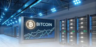 درآمد ماینرهای بیت کوین پس از هاوینگ جهش کرد! یک مزرعه استخراج بیت کوین با دستگاههای پیشرفته و نمودارهای مالی که افزایش درآمد ماینرها پس از هاوینگ