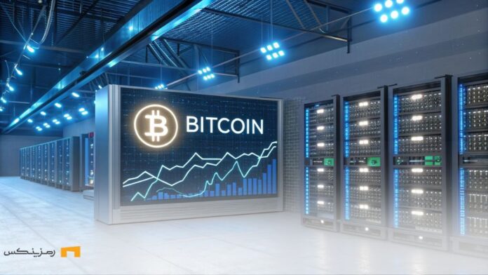 bitcoin-miners-revenue-post-halving-2025 یک مزرعه استخراج بیت کوین با دستگاههای پیشرفته و نمودارهای مالی که افزایش درآمد ماینرها پس از هاوینگ