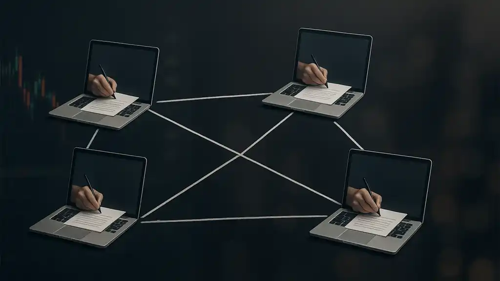 شبکهای از کامپیوترها که شبکه بیت کوین را تشکیل دادهاند و هرکدام مشغول نوشتن هستند.