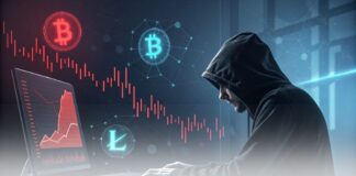 هک بایبیت؛ ردیابی ۱.۴ میلیارد دلار ارز دیجیتال سرقتشده یک هکر ناشناس در حال حمله سایبری، همراه با نمودارهای قرمز و نمادهای ارز دیجیتال که سرقت بزرگ بایبیت