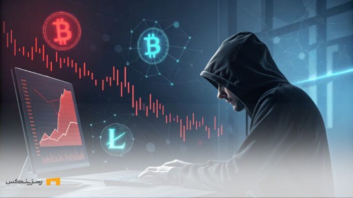 bybit-1-4billion-crypto-hack-recovery یک هکر ناشناس در حال حمله سایبری، همراه با نمودارهای قرمز و نمادهای ارز دیجیتال که سرقت بزرگ بایبیت