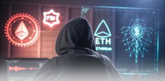 هکرهای بایبیت ۶۲,۲۰۰ اتریوم پولشویی کردند؛ زنگ خطر FBI! هکری ناشناس با هودی سیاه در حال کار با کامپیوتر، در حالی که صفحه نمایش شامل نمودارهای بلاکچین و نماد اتریوم است. در پسزمینه، عناصر امنیت سایبری مانند نماد FBI و هشدارهای امنیتی دیده میشوند، که حس یک حمله سایبری و پولشویی را تداعی میکند.