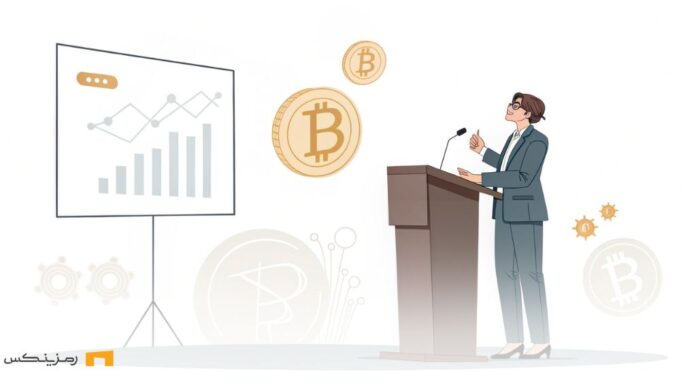 فردی که در حال سخنرانی در مورد پذیرش ارز دیجیتال است، با پس‌زمینه‌ای ساده و نمودارهای دیجیتال