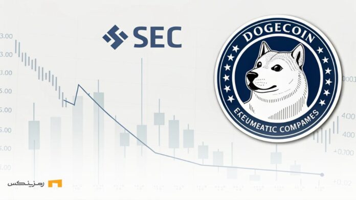 تصویری مینیمال از نمودار مالی با تمرکز بر نماد دوج‌کوین و روند صعودی یا نزولی آن، با لوگوی SEC در پس‌زمینه