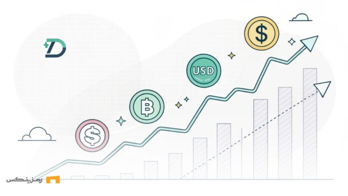 نمودار مالی با روند صعودی و نمادهای اصلی استیبل‌کوین‌ها