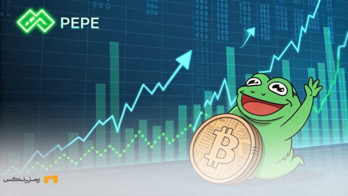pepe-33-trillion-trade-volume-price-surge-analysis وکن په په به شکل قورباغه سبز با نمودارهای صعودی و حجم معاملات بالای آن که نشاندهنده رشد چشمگیر قیمت و علاقه مجدد سرمایهگذاران