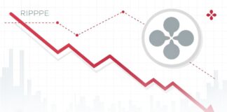 ریپل در خطر کاهش شدید قیمت؛ آیا فروش بیشتر در پیش است؟ روند نزولی قیمت ریپل با لوگوی محو شده در پسزمینه، نمایانگر فشار فروش و کاهش بازار