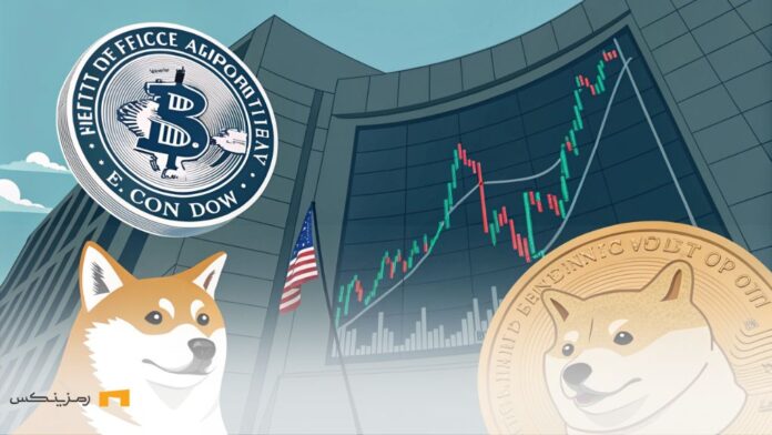 sec-meme-coins-shiba-dogecoin-decision تصویری از ساختمان SEC با لوگوی رسمی آن، در کنار کارتهای کلکسیونی شیبا اینو و دوجکوین، نماد تصمیم این نهاد درباره میمکوینها و نوسانات بازار کریپتو