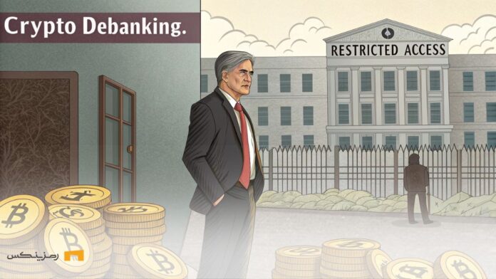 top-us-banking-regulator-rescinds-digital-asset-restrictions چالش دیبانکینگ، جایی که شخصی با جدیت در برابر یک بانک ایستاده و نمادهای ارزهای دیجیتال در پسزمینه قرار دارند، نشاندهنده تنش میان بانکداری سنتی و صنعت کریپتو است