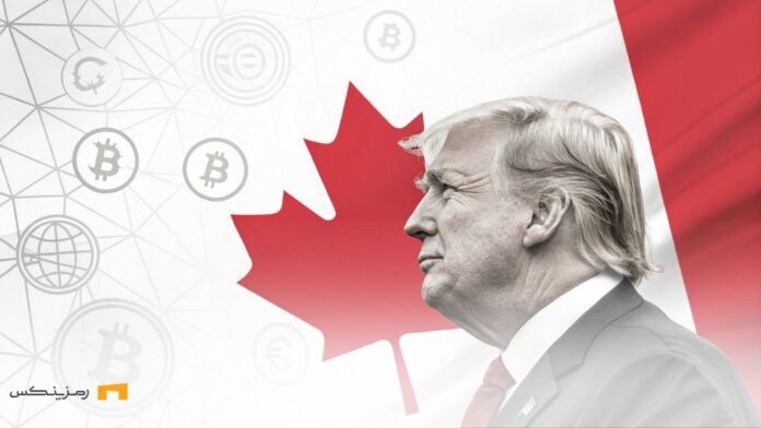 trump-canada-tariffs-update-march-2025 ترامپ با پرچم کانادا و نمادهای دیجیتال و ارزهای دیجیتال در پسزمینه