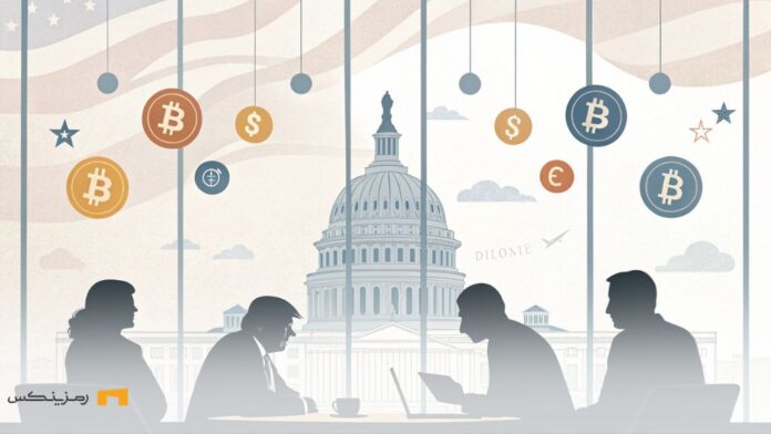 trump-hosts-first-white-house-crypto-summit-2025 یک اتاق جلسه با تصاویری انتزاعی از ترامپ، اعضای کنگره و نمادهایی از ارزهای دیجیتال مانند بیتکوین و استیبلکوینها