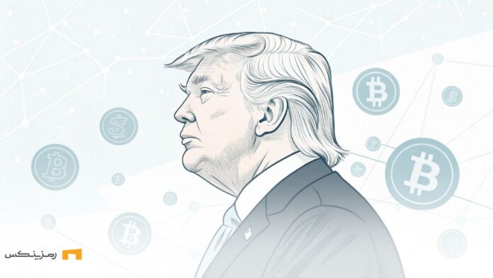 trump-no-longer-stock-market-president تصویری مینیمالیستی از ترامپ با پسزمینهای که نمادهای ارز دیجیتال را به تصویر میکشد، نمایانگر تغییرات مالی و اقتصادی است