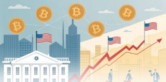 خروج ۳۷۰ میلیون دلاری از ETF بیت کوین پس از دستور ترامپ خروج سرمایهها از ETFهای بیتکوین، همراه با نمادهای بیتکوین، نمودارهای نزولی و نشانهایی از واکنش بازار به دستور اجرایی ترامپ