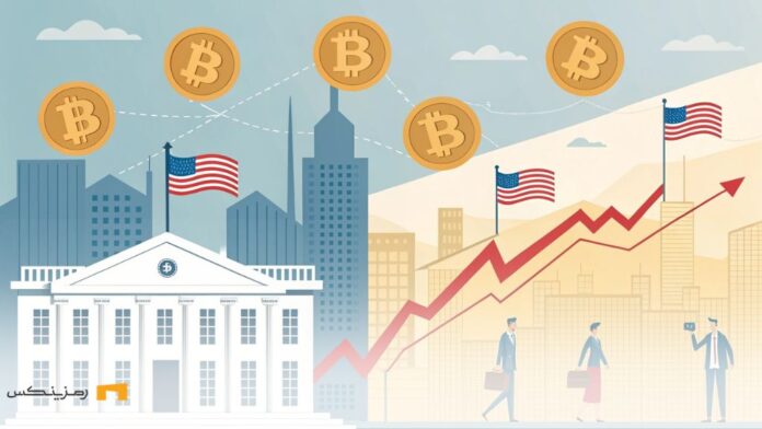 خروج سرمایه‌ها از ETFهای بیت‌کوین، همراه با نمادهای بیت‌کوین، نمودارهای نزولی و نشان‌هایی از واکنش بازار به دستور اجرایی ترامپ