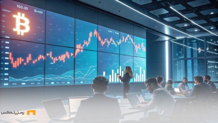 wealthy-investors-bitcoin-investment-usa تصویری از گروهی از سرمایهگذاران ثروتمند که در حال بررسی نمودارهای بیتکوین و ارزدجیتالها هستند